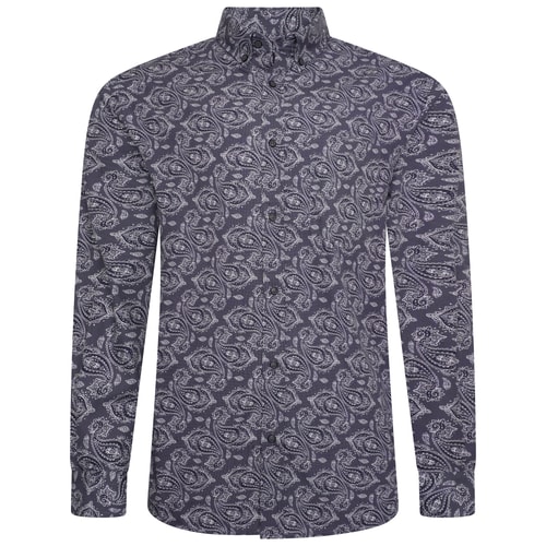KAM Long Sleeve Premium Paisley Print Shirt Navy